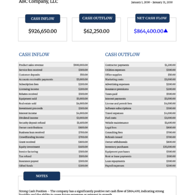 Cash flow statement for a sample company for one month: cash inflow, outflow and net cash flow, inflows and outflows by type, and a note on the strong cash position.